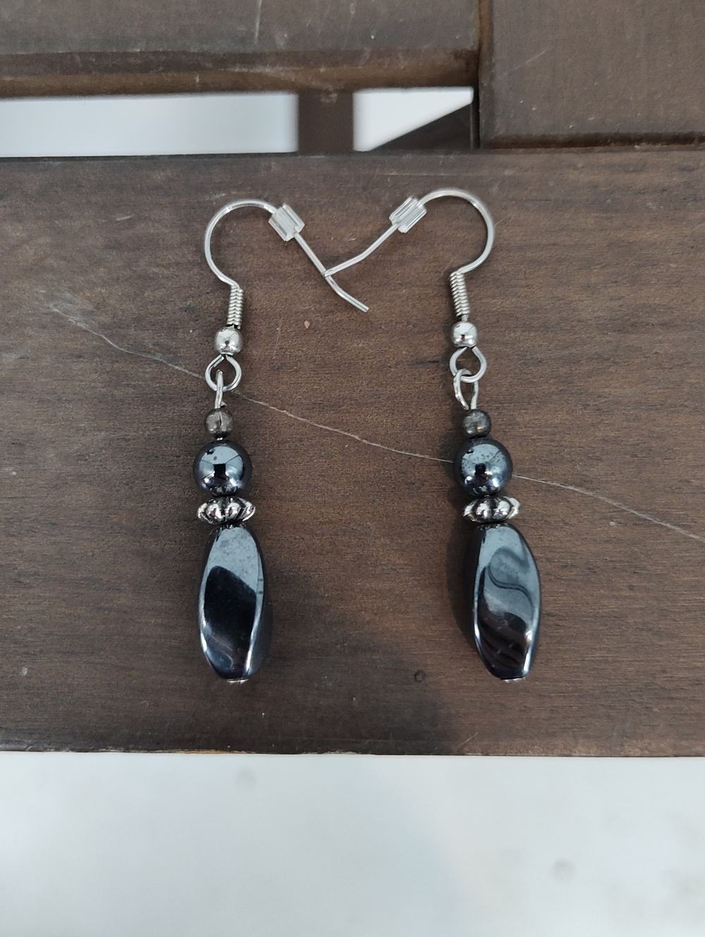 Hematite Bead Drop Dangle Earrings - Silver Hooks